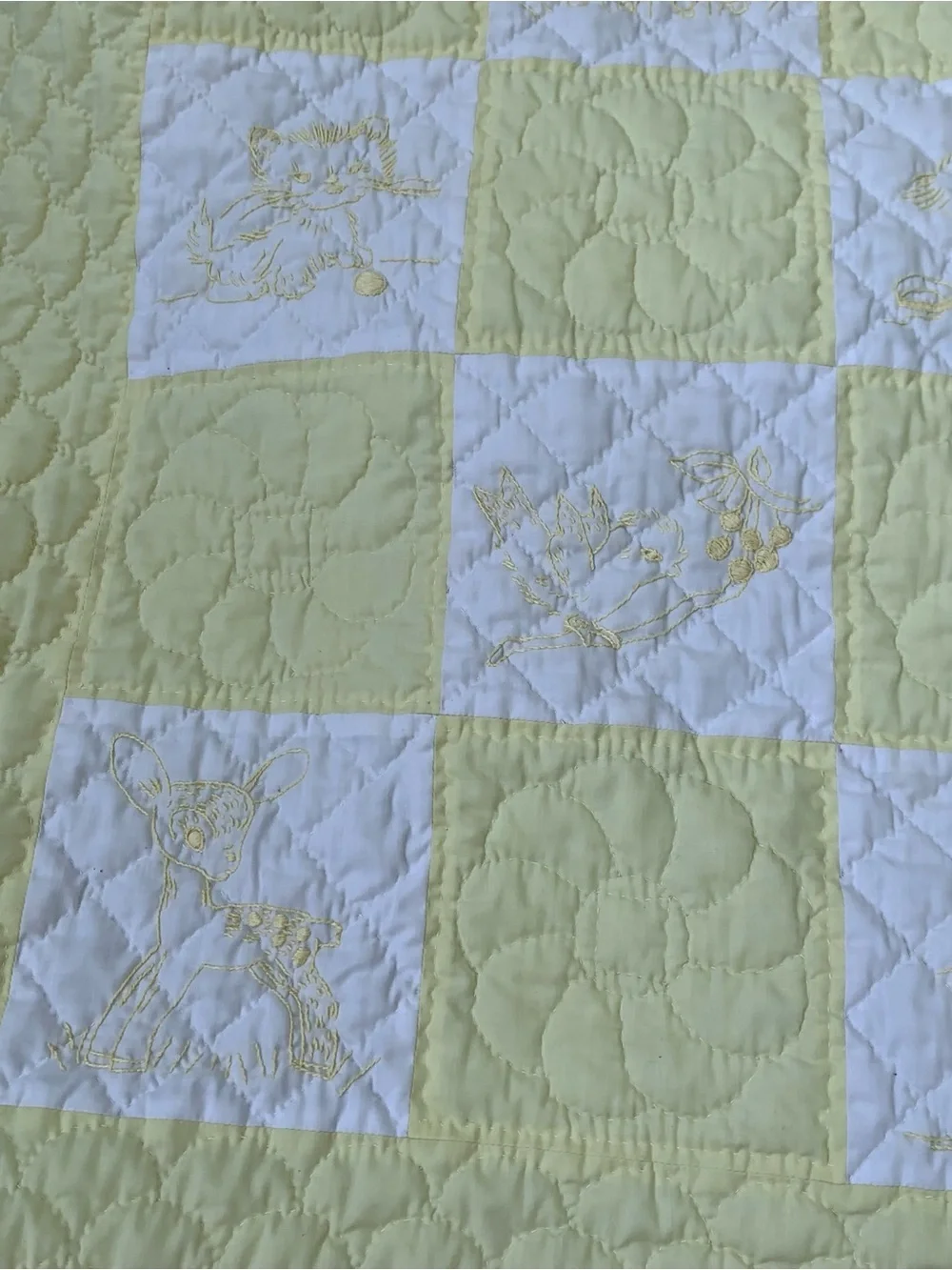 Pink and White Embroidered Baby Quilt - Cute Animal Patchwork handmade vintage